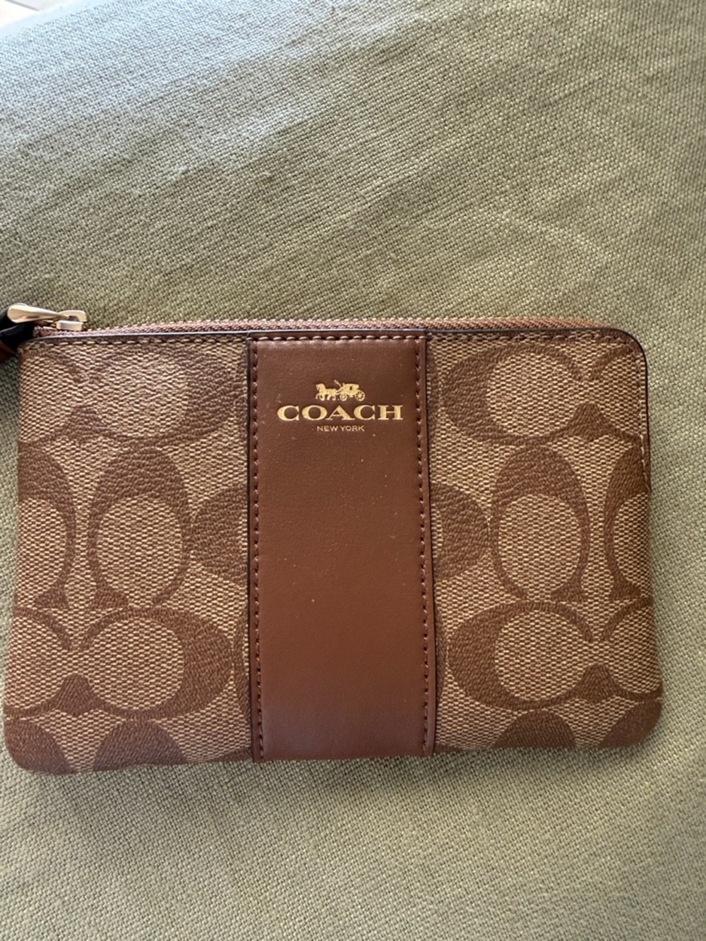 Coach Brown Signature Canvas Wristlet with Leather Trim Zipper - Picture 2 of 5